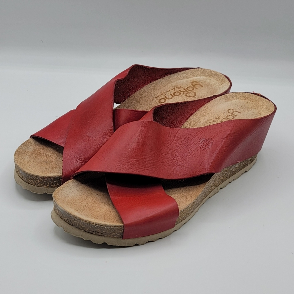 YOKONO Women's 8, Red Leather Cork Wedge Sandals